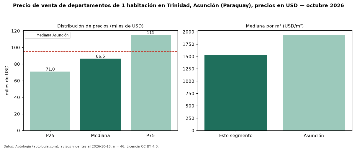 Precio de venta de departamentos de 1 habitación en Trinidad, Asunción (Paraguay), precios en USD — octubre 2026