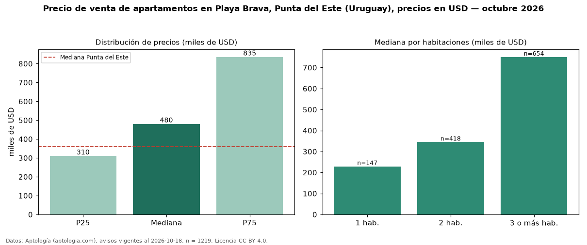 Precio de venta de apartamentos en Playa Brava, Punta del Este (Uruguay), precios en USD — octubre 2026